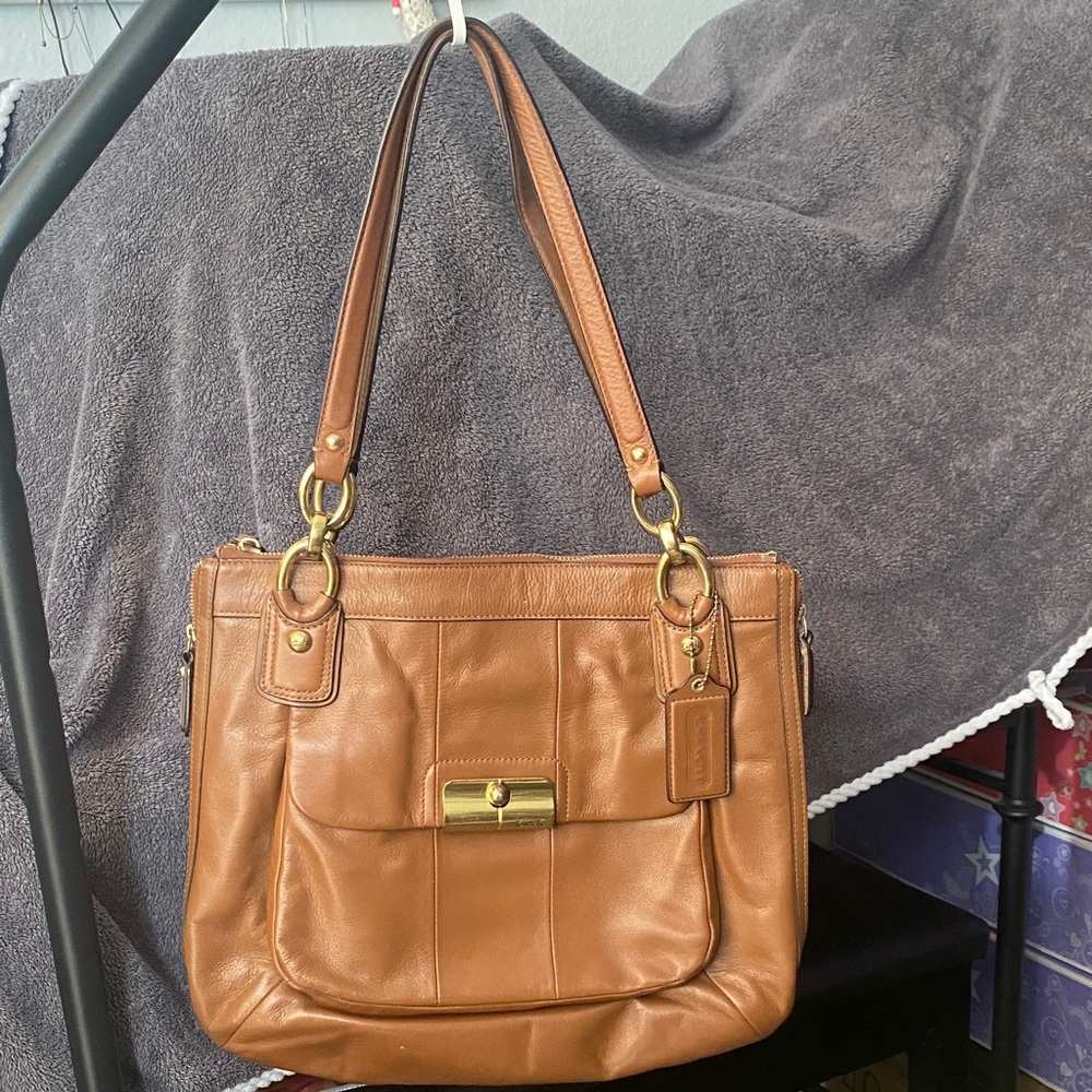 Coach Tan Leather Shoulder Bag with Gold Accents